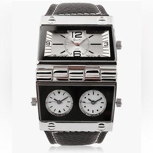Oulm Black and Silver Triple Time Zone Watch